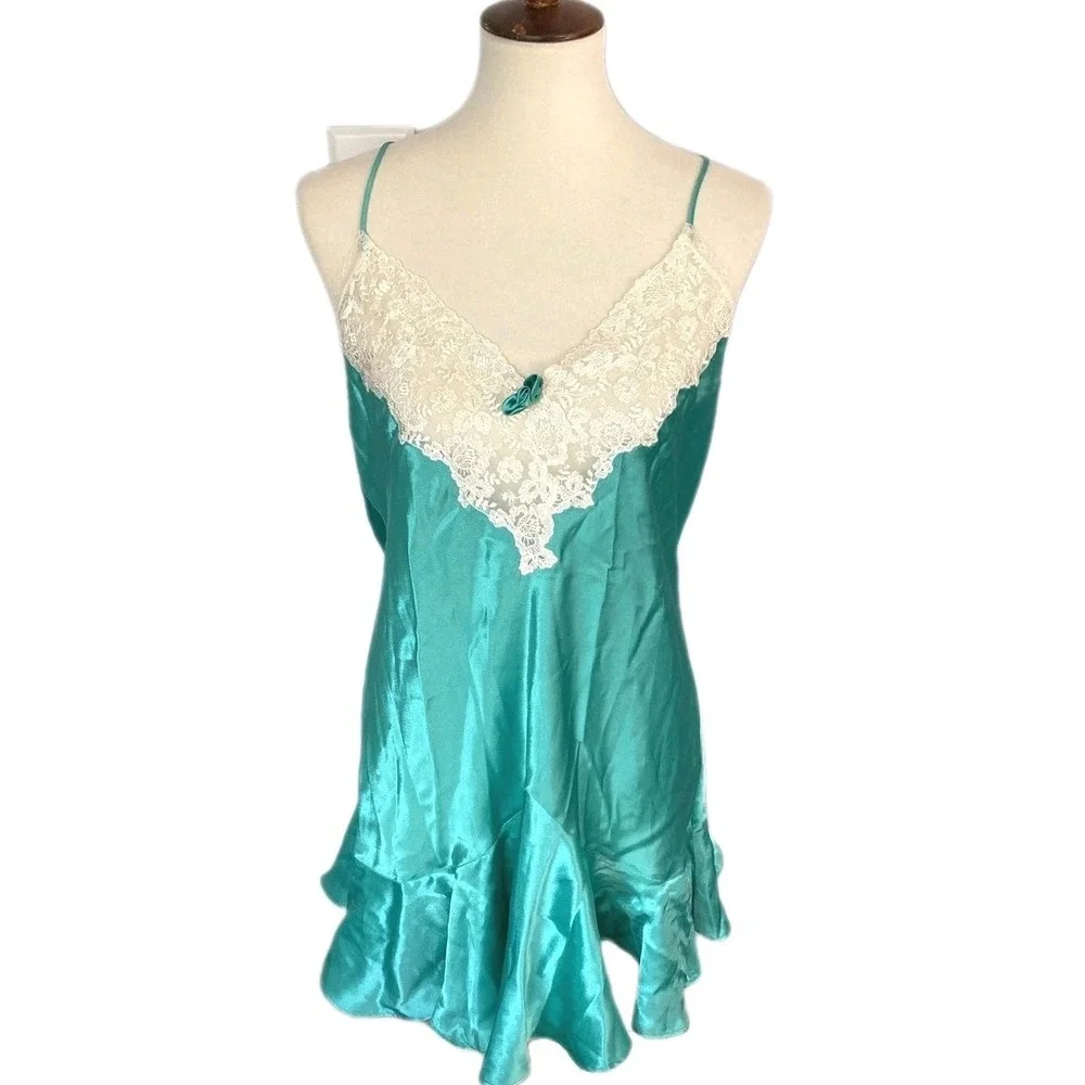 Vtg Victorias Secret Nightie Women L Satin Lace Gold Label Ruffle Hem Babydoll